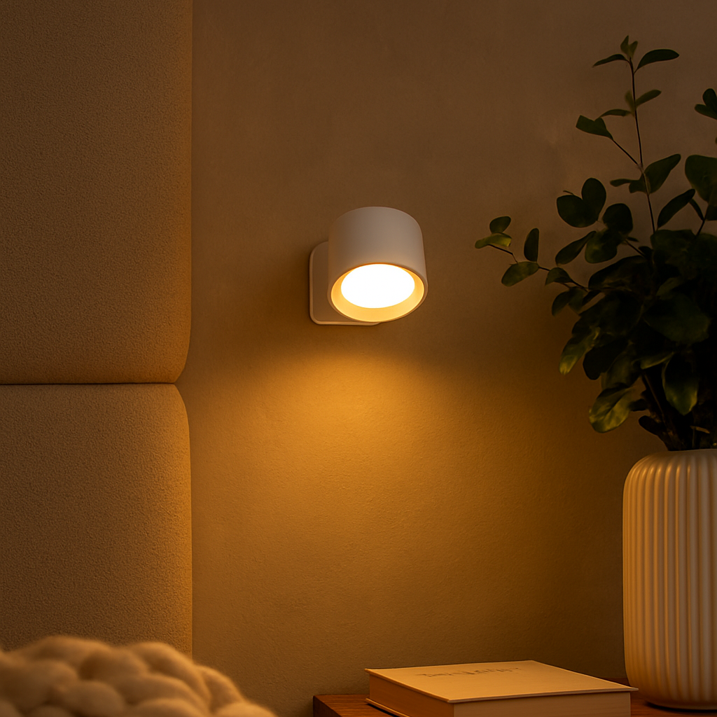 Wall-mounted light fixture on a wall with a plant and books in the foreground