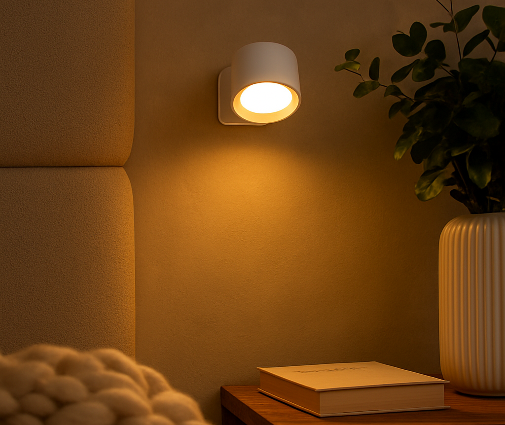 Wall-mounted light fixture on a wall with a plant and book in the foreground