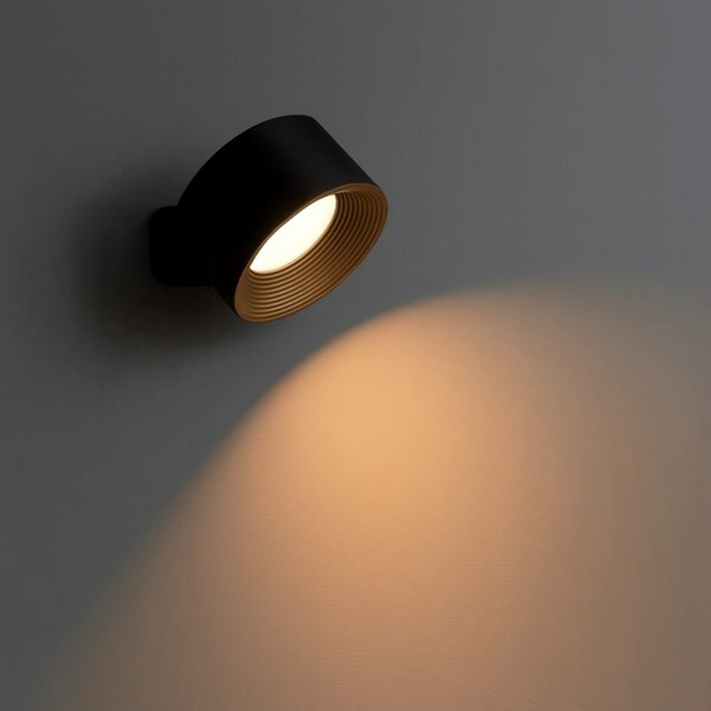 Black spotlight on a gray wall with warm light